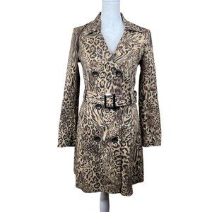 Leopard Print Double-Breasted‎ Womens Trench Coat Buckle Belt S Y2K